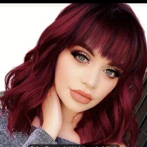 🥑NWT 14"  Long Natural Wavy Burgundy Women's Hair Wig Adjustable Rose Net Cap